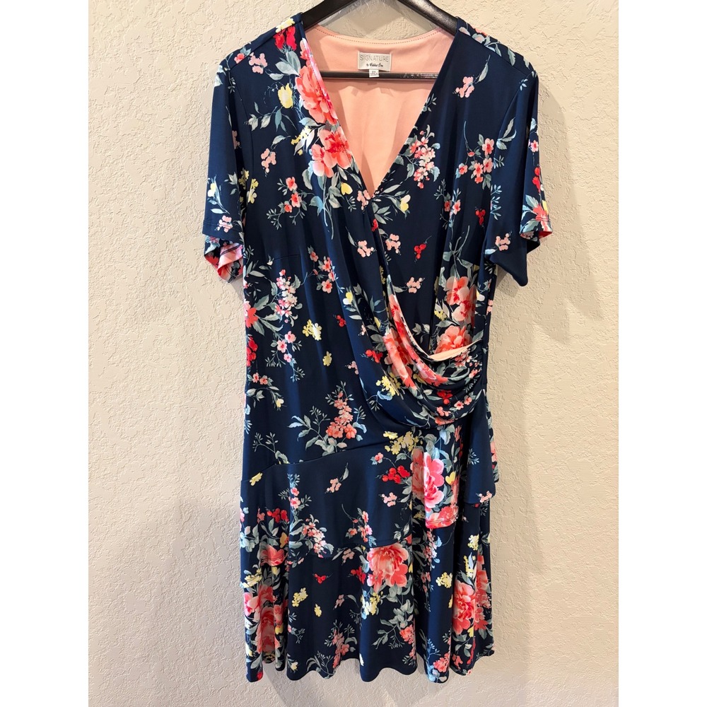 Signature by Robbie Bee Navy Blue Floral Faux Wrap Tiered Dress Plus Size 2X